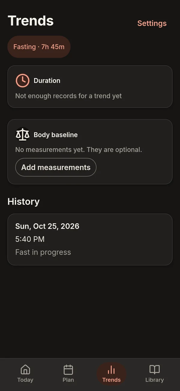 The Trends screen: Duration and Body baseline cards, with plain notes when there are not enough records yet, and a History list.